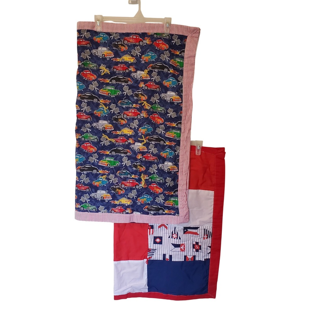 Lot of 2 Handmade Baby Quilts Hot Rod Racing Cars and Nautical Patchwork Navy